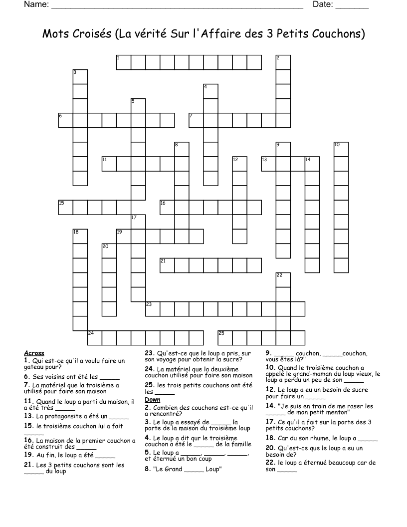 Mots Croisés (La vérité Sur l'Affaire des 3 Petits Couchons) Crossword