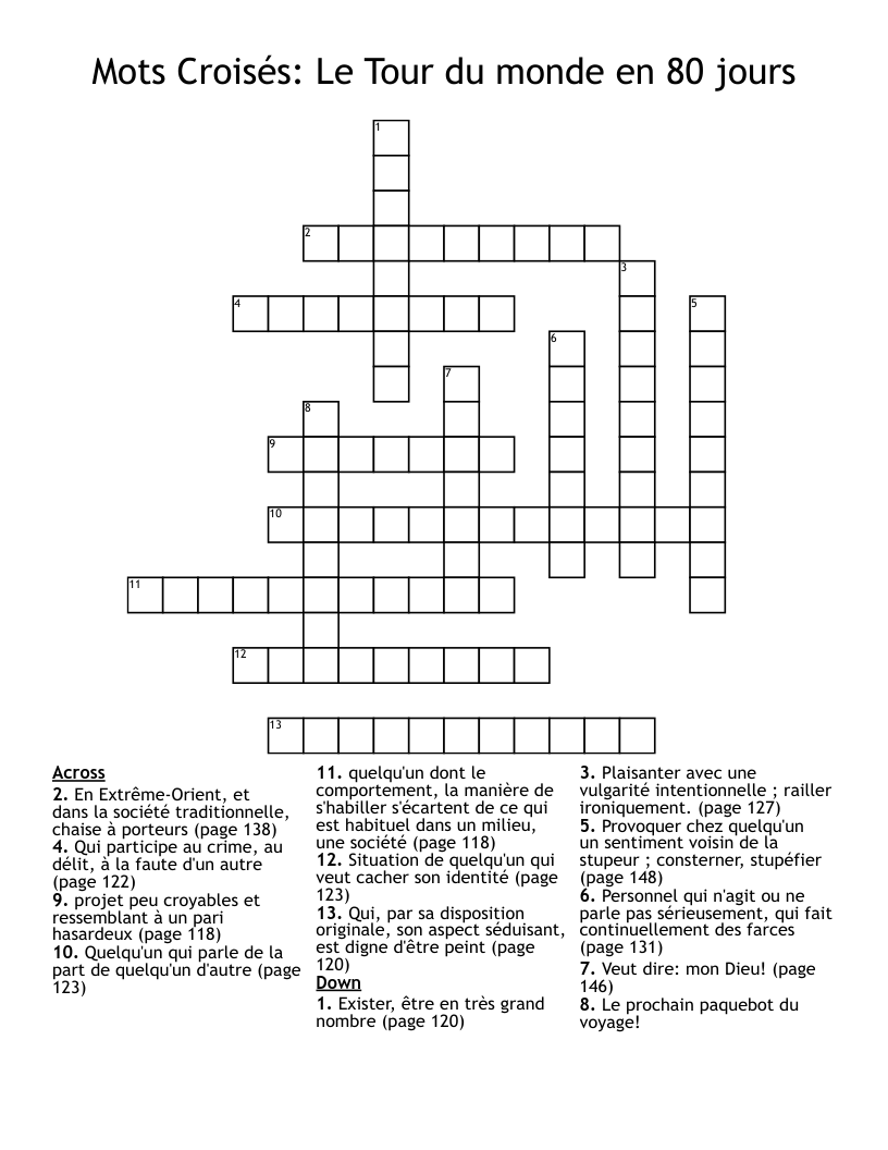 Mots Croisés: Le Tour du monde en 80 jours Crossword