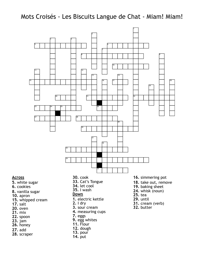 Mots Croisés - Les Biscuits Langue de Chat - Miam! Miam! Crossword