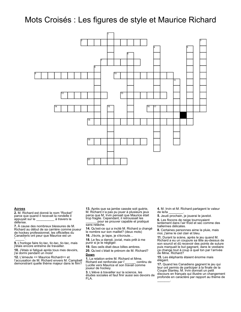 Mots Croisés : Les figures de style et Maurice Richard Crossword