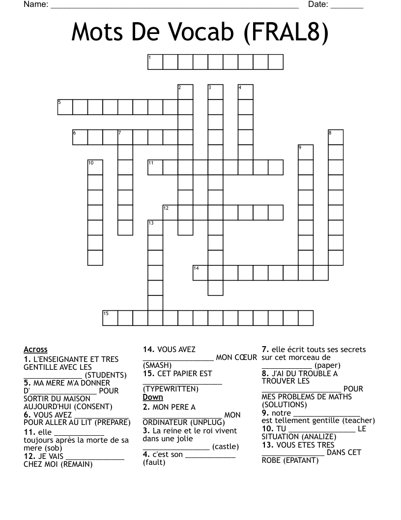 Mots De Vocab (FRAL8) Crossword