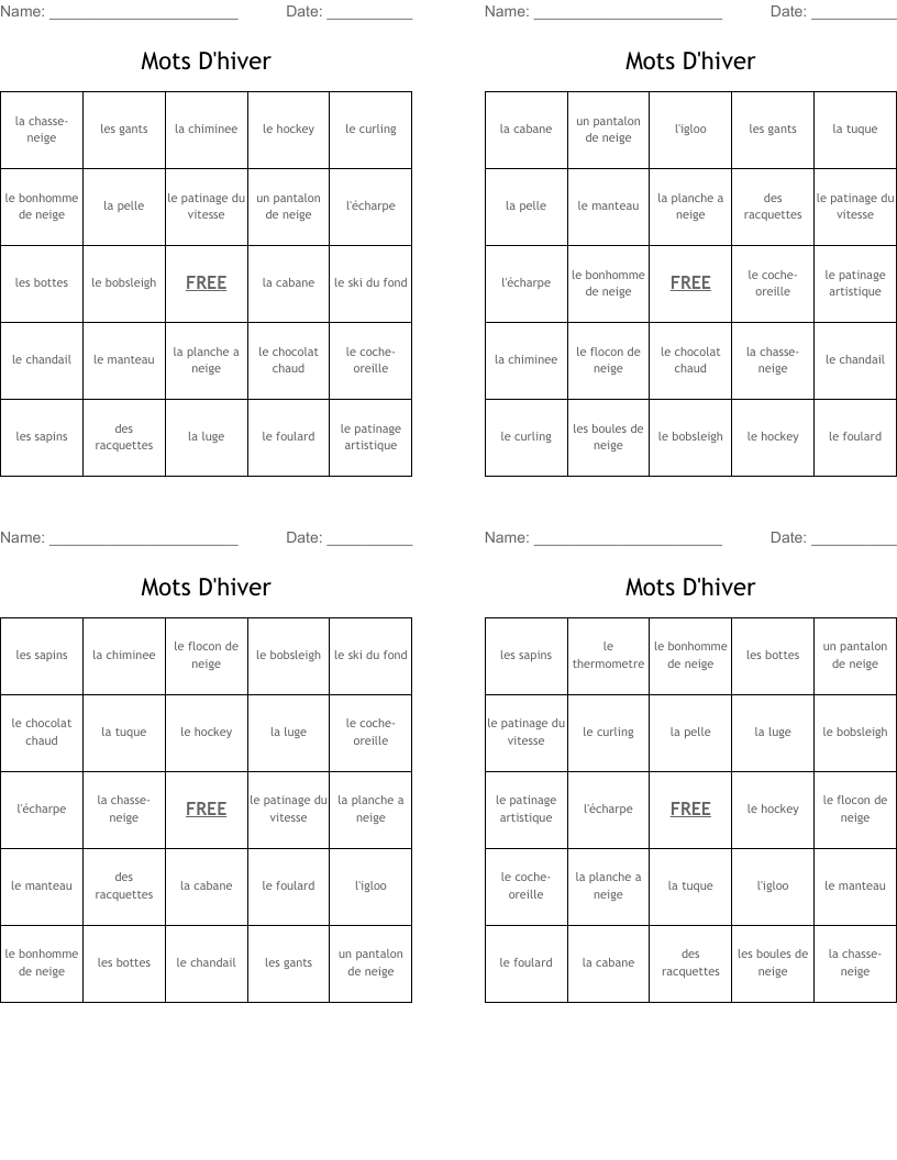 Mots D'hiver Bingo Cards