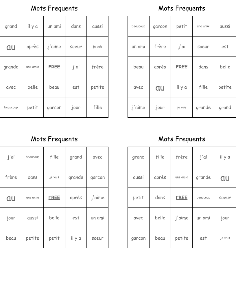 Mots Frequents Bingo Cards