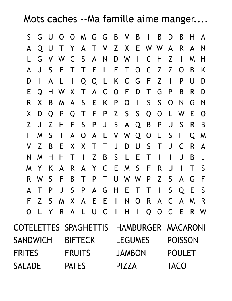 Mots caches --Ma famille aime manger.... Word Search