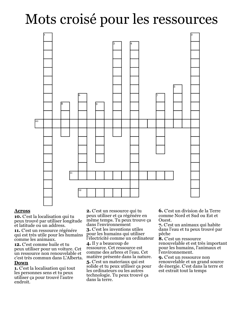 Mots croisé pour les ressources Crossword
