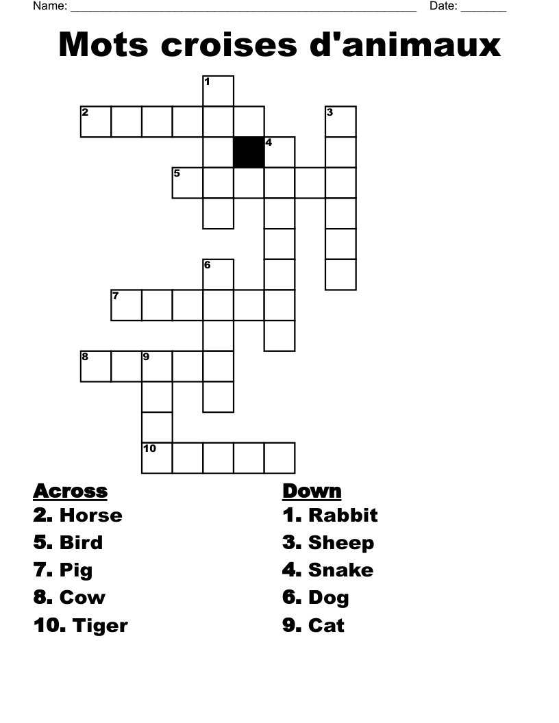 Mots croises d'animaux Crossword
