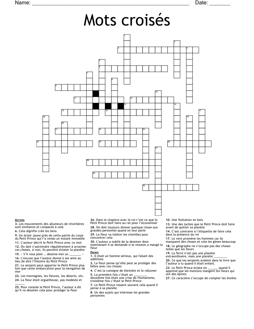 Mots croisés Crossword
