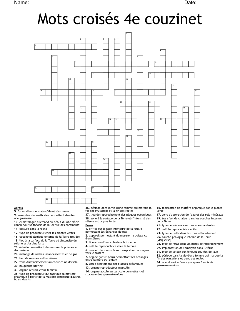 Mots croisés 4e couzinet Crossword