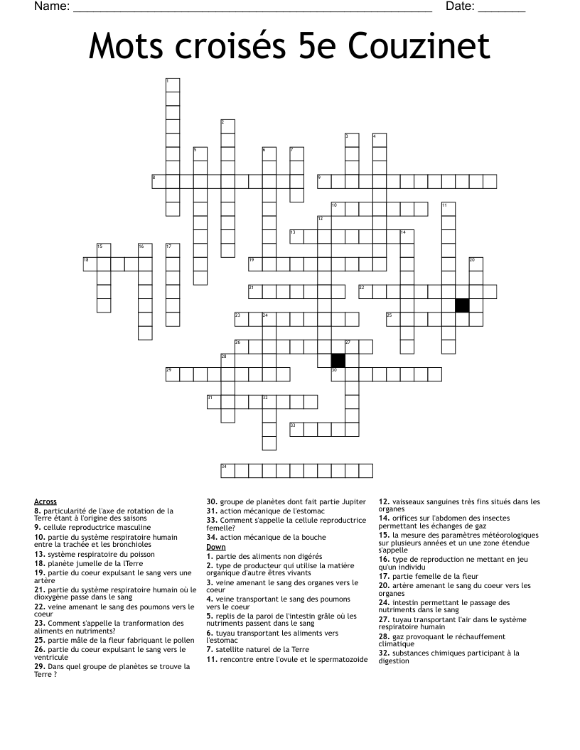 Mots croisés 5e Couzinet Crossword