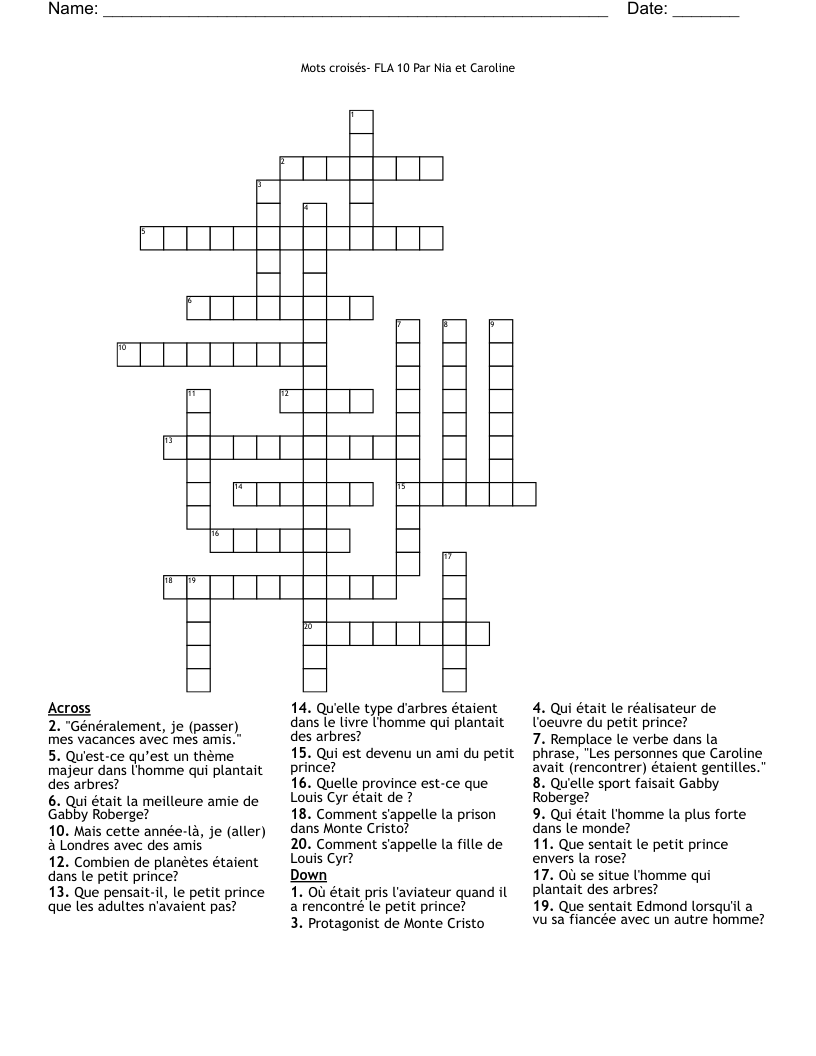 Mots croisés- FLA 10                                                                                                                       Par Nia et Caroline  Crossword