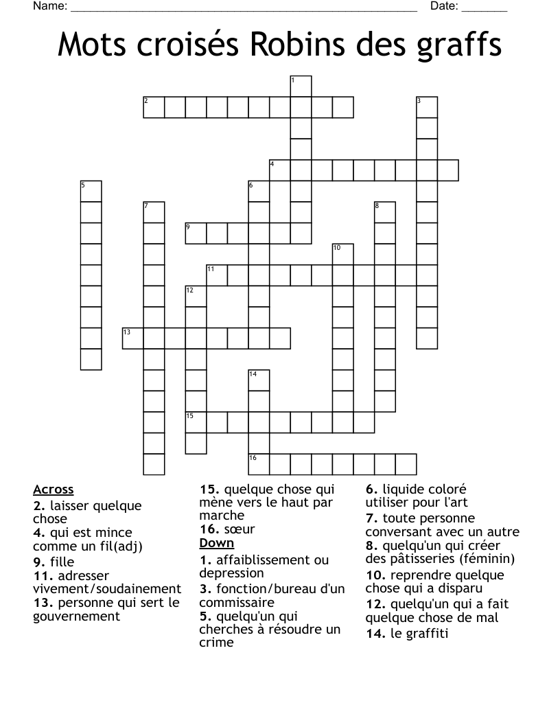 Mots croisés Robins des graffs Crossword
