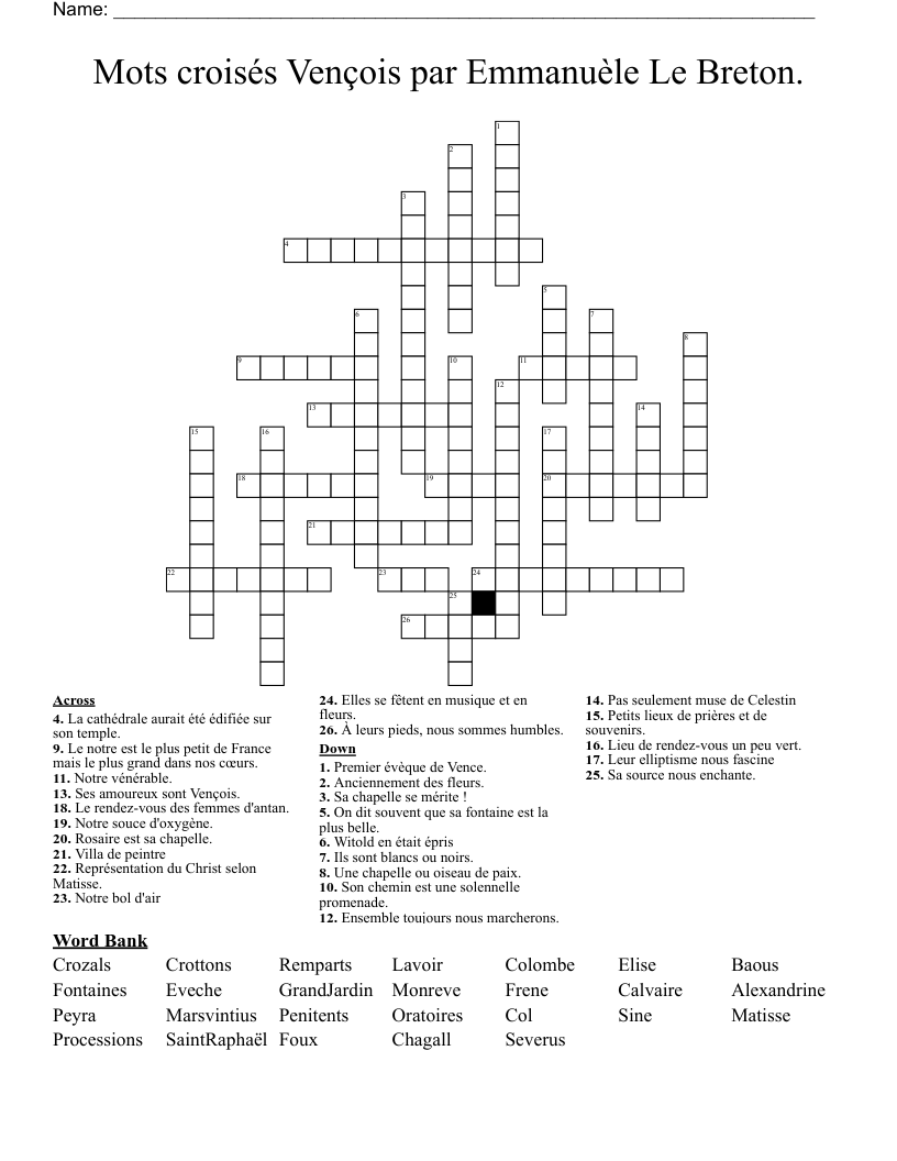 Mots croisés Vençois par Emmanuèle Le Breton. Crossword