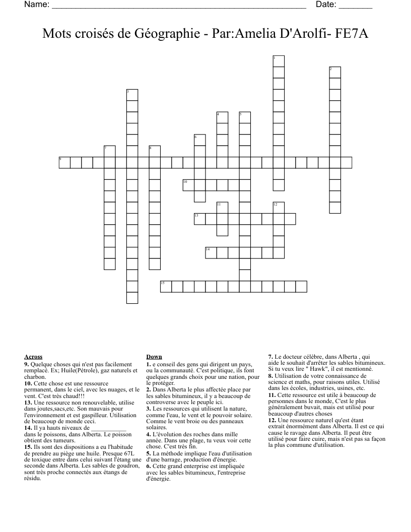 Mots croisés de Géographie - Par:Amelia D'Arolfi- FE7A Crossword