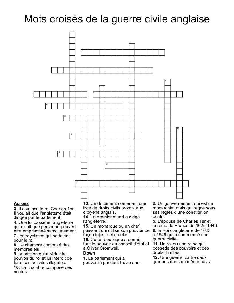 Mots croisés de la guerre civile anglaise Crossword