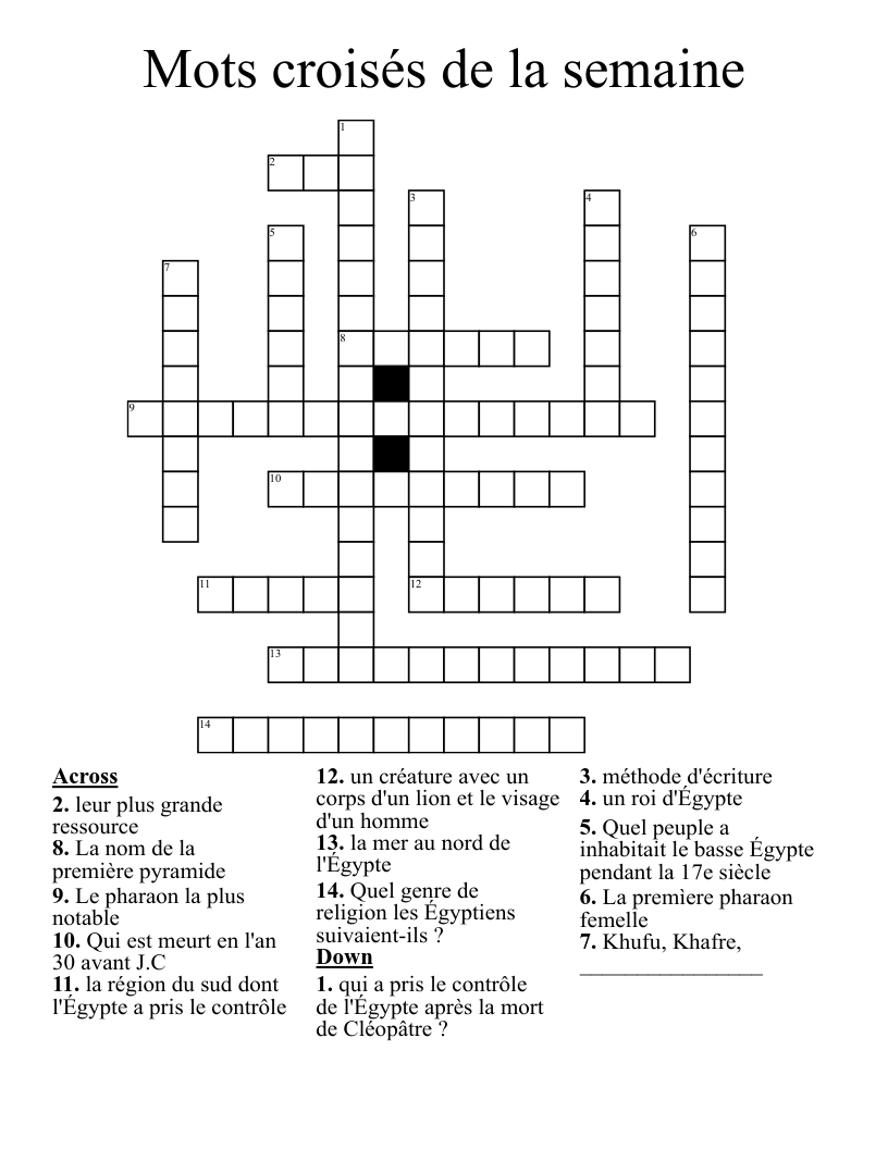 Mots croisés de la semaine Crossword