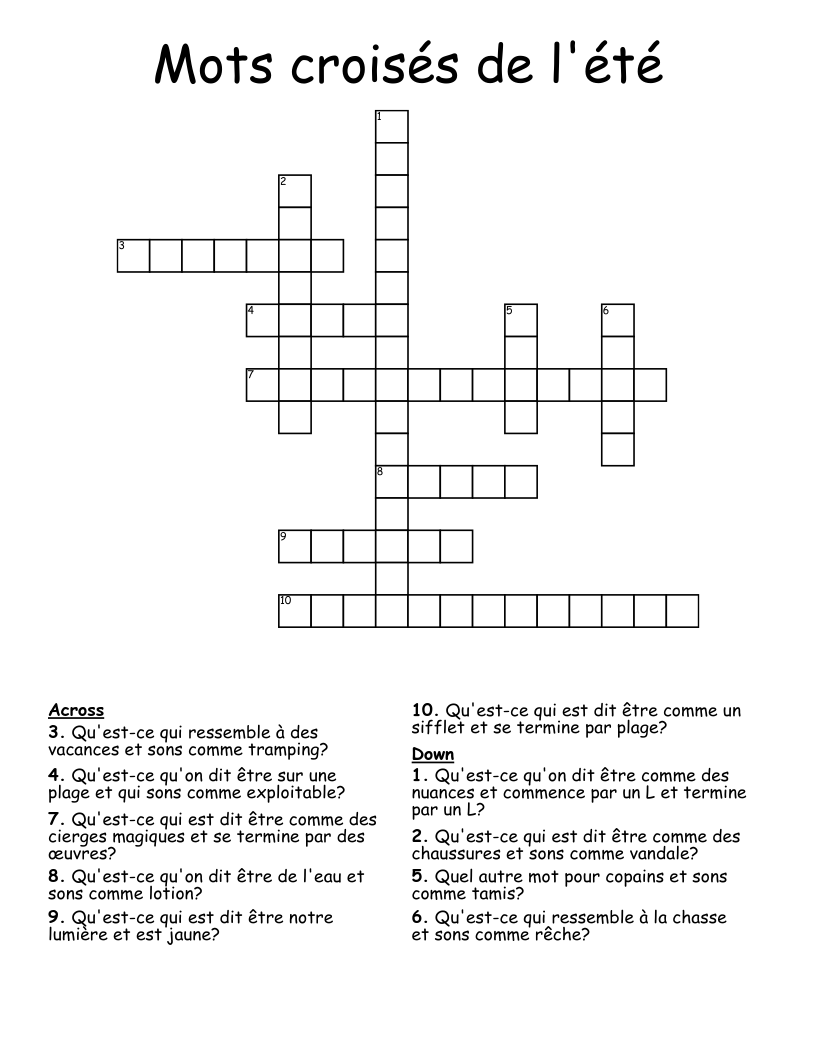 Mots croisés de l'été Crossword