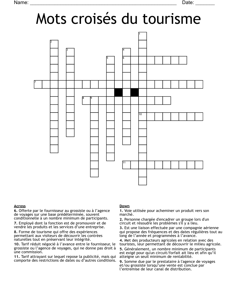 Mots croisés du tourisme Crossword