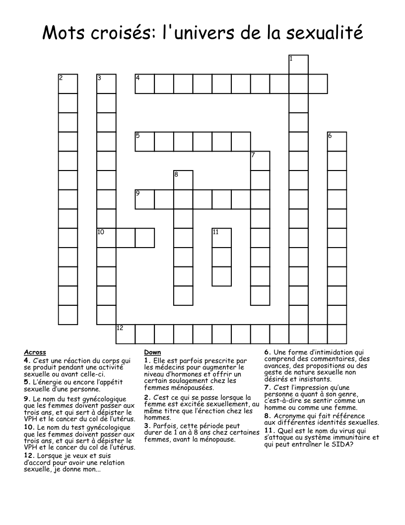 Mots croisés: l'univers de la sexualité Crossword