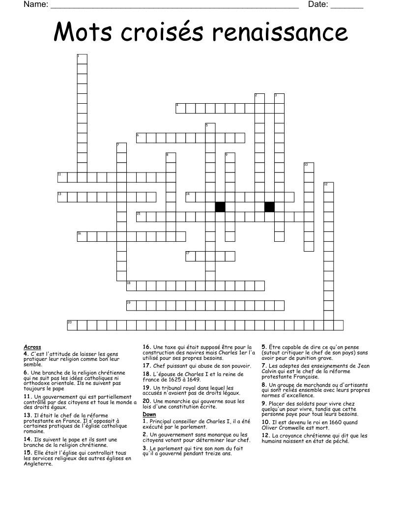 Mots croisés renaissance  Crossword