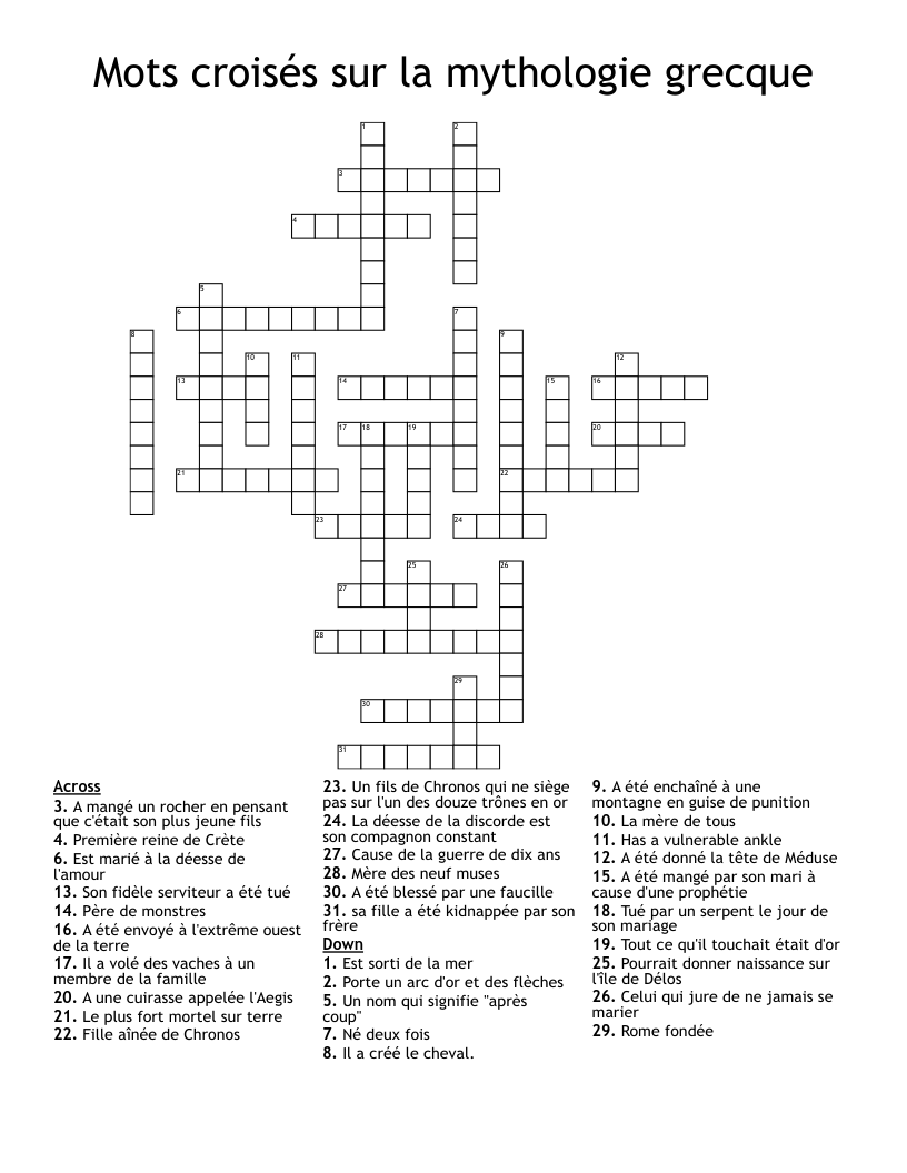 Mots croisés sur la mythologie grecque Crossword