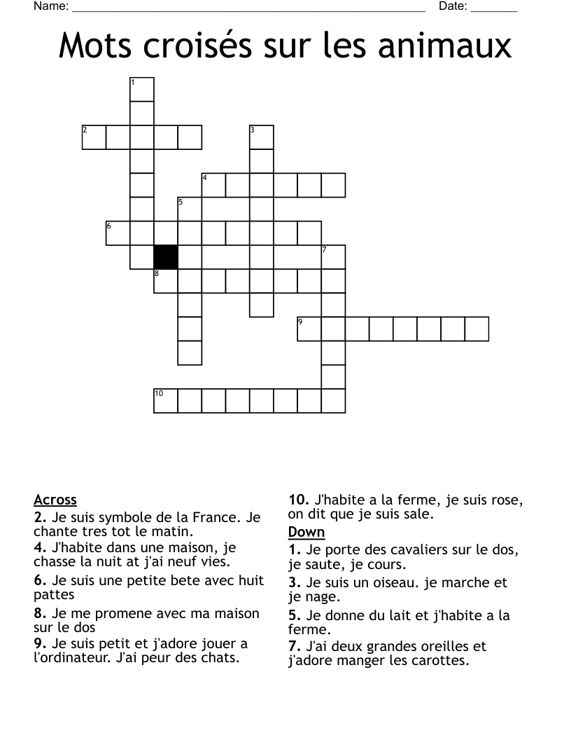Mots croisés sur les animaux Crossword