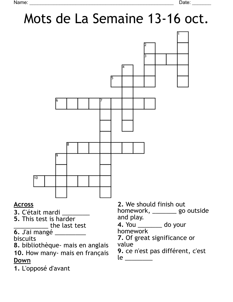 Mots de La Semaine 13-16 oct. Crossword