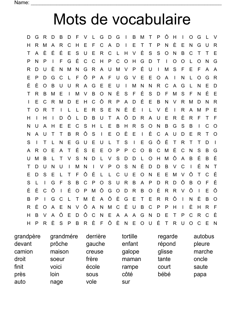 Mots de vocabulaire Word Search