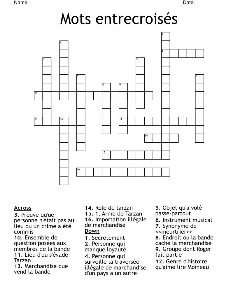 Mots entrecroisés Crossword