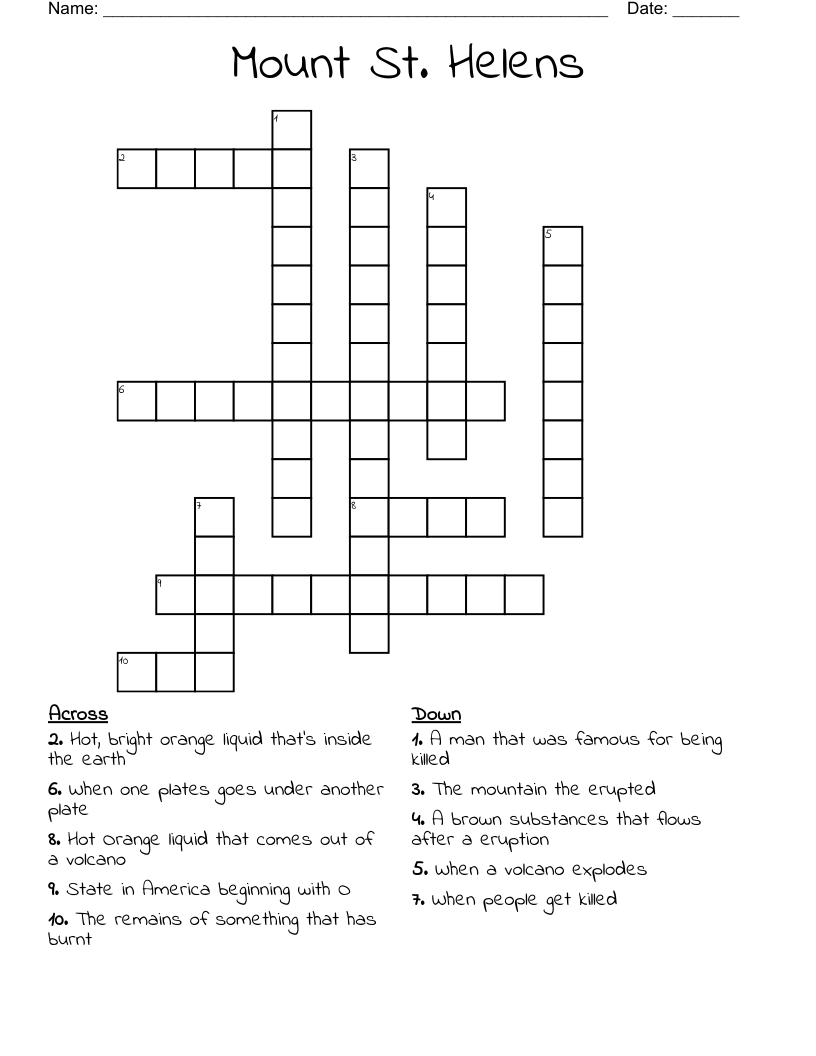 Mount St. Helens  Crossword