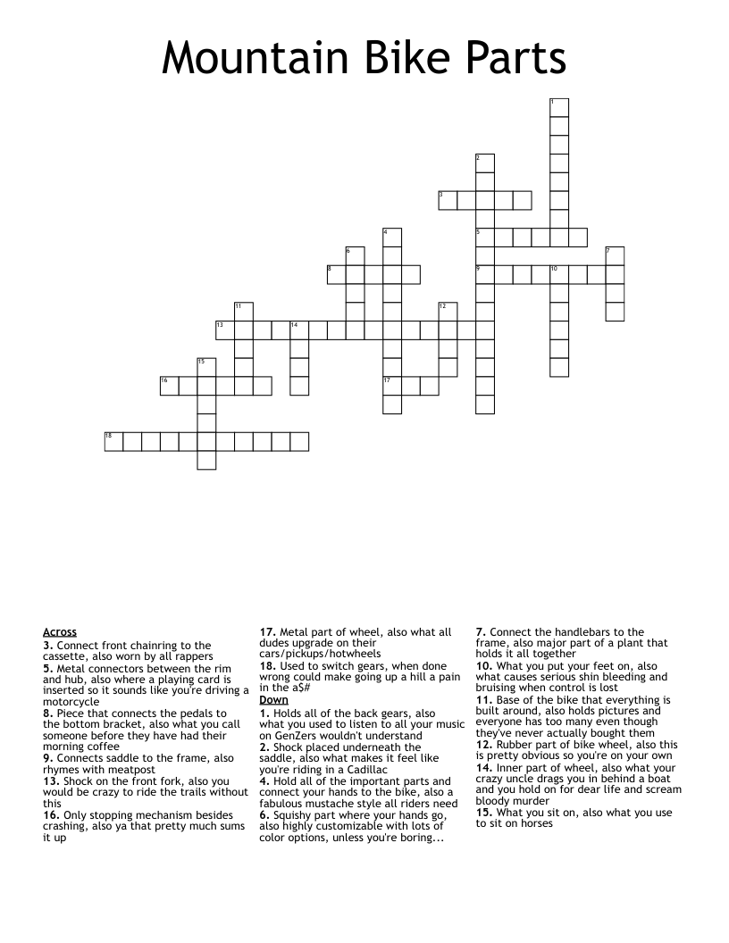 Mountain Bike Parts Crossword