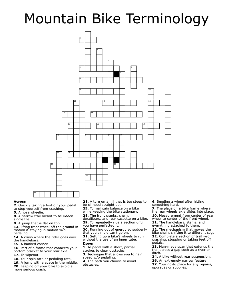 Mountain Bike Terminology Crossword