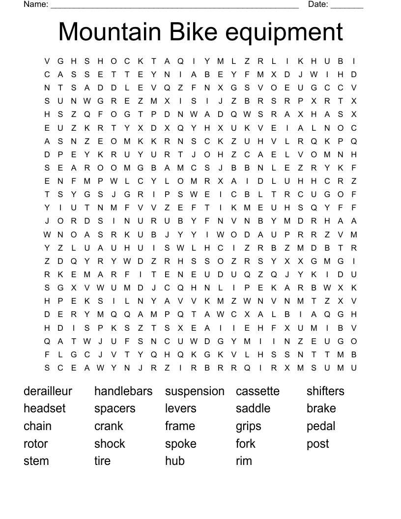 Mountain Bike equipment Word Search