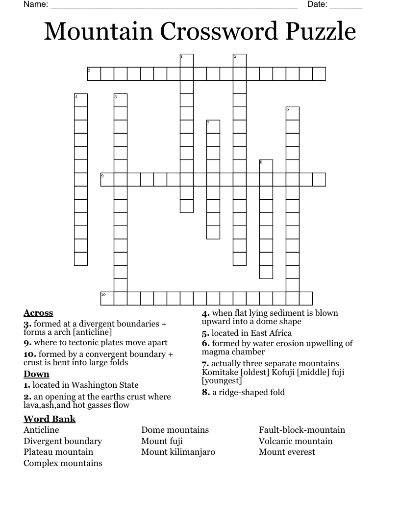 Mountain Crossword Puzzle