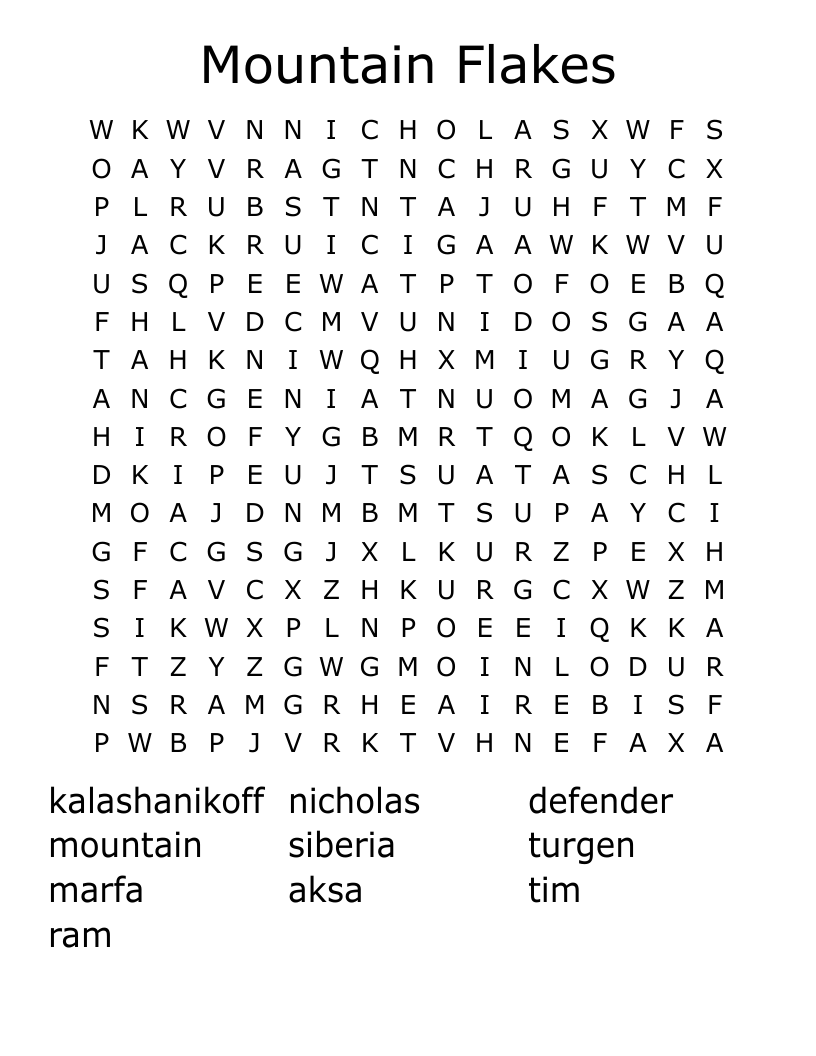 Mountain Flakes Word Search