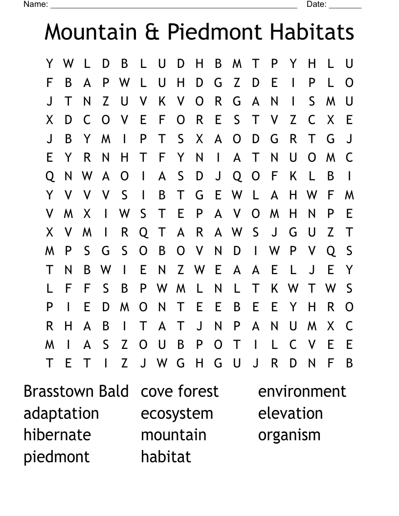 Mountain & Piedmont Habitats  Word Search