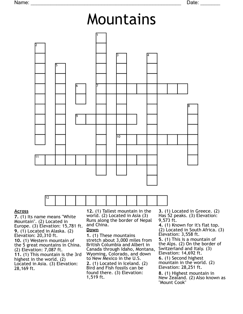 Mountains Crossword