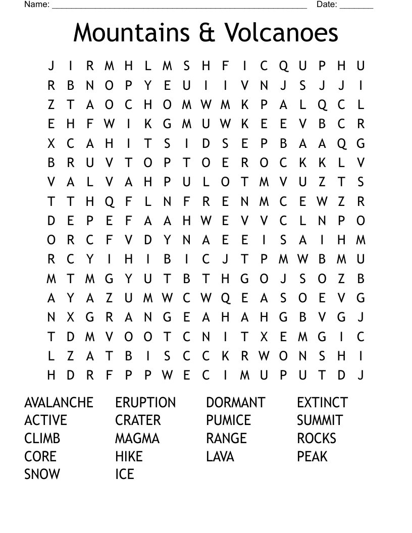 Mountains & Volcanoes Word Search