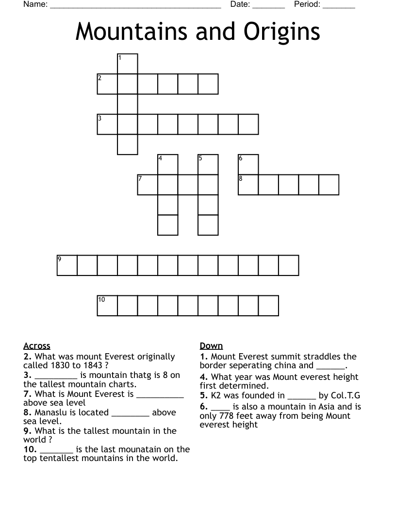 Mountains and Origins Crossword
