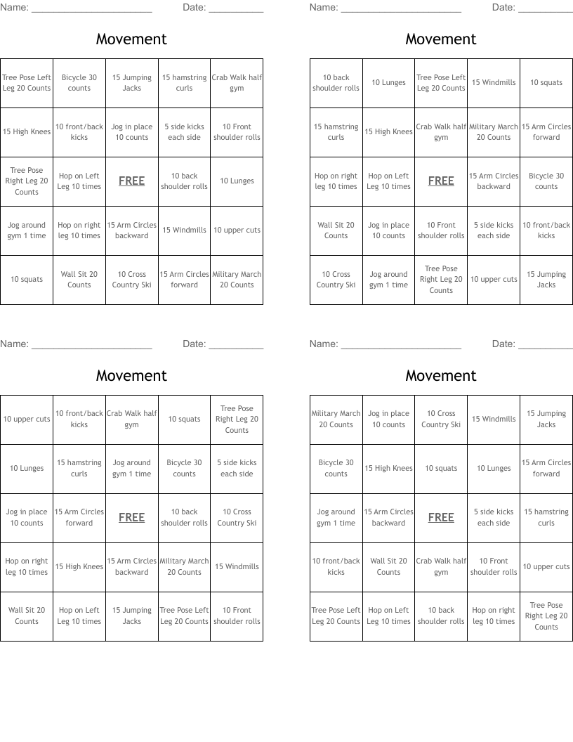 Movement Bingo Cards