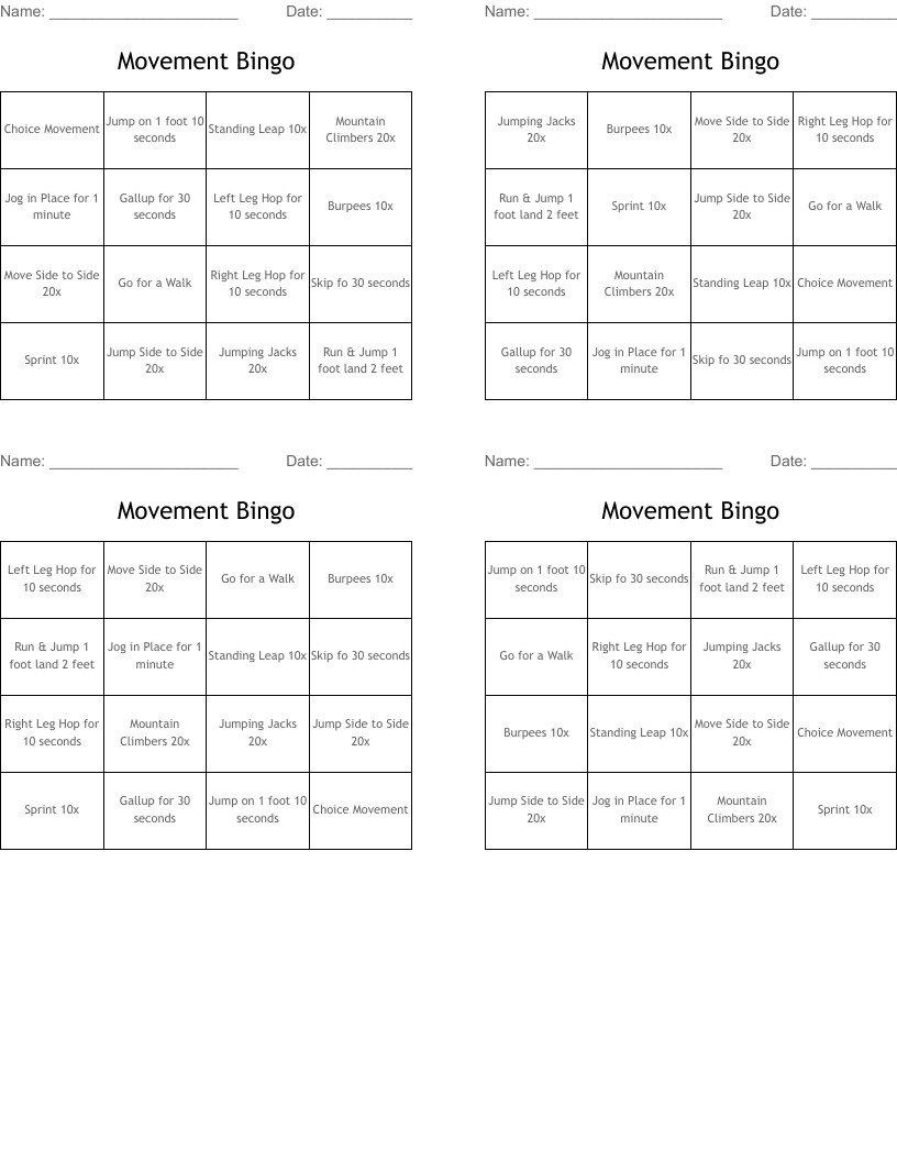 Movement Bingo