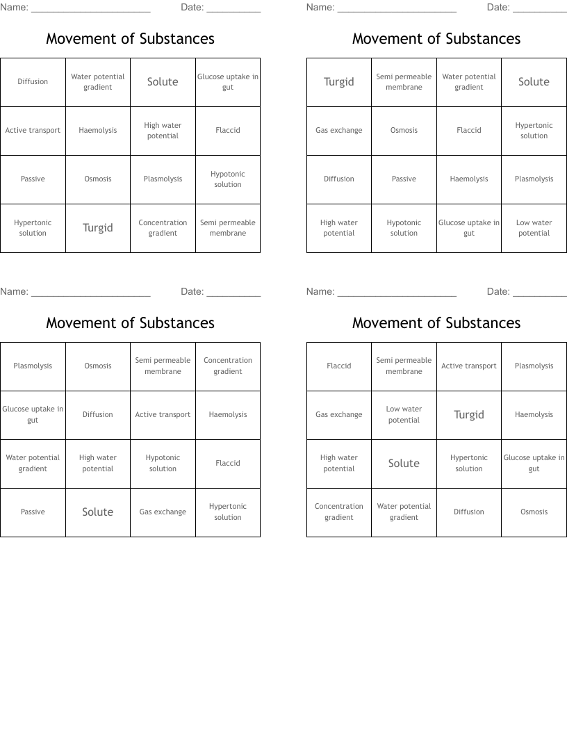 Movement of Substances Bingo Cards