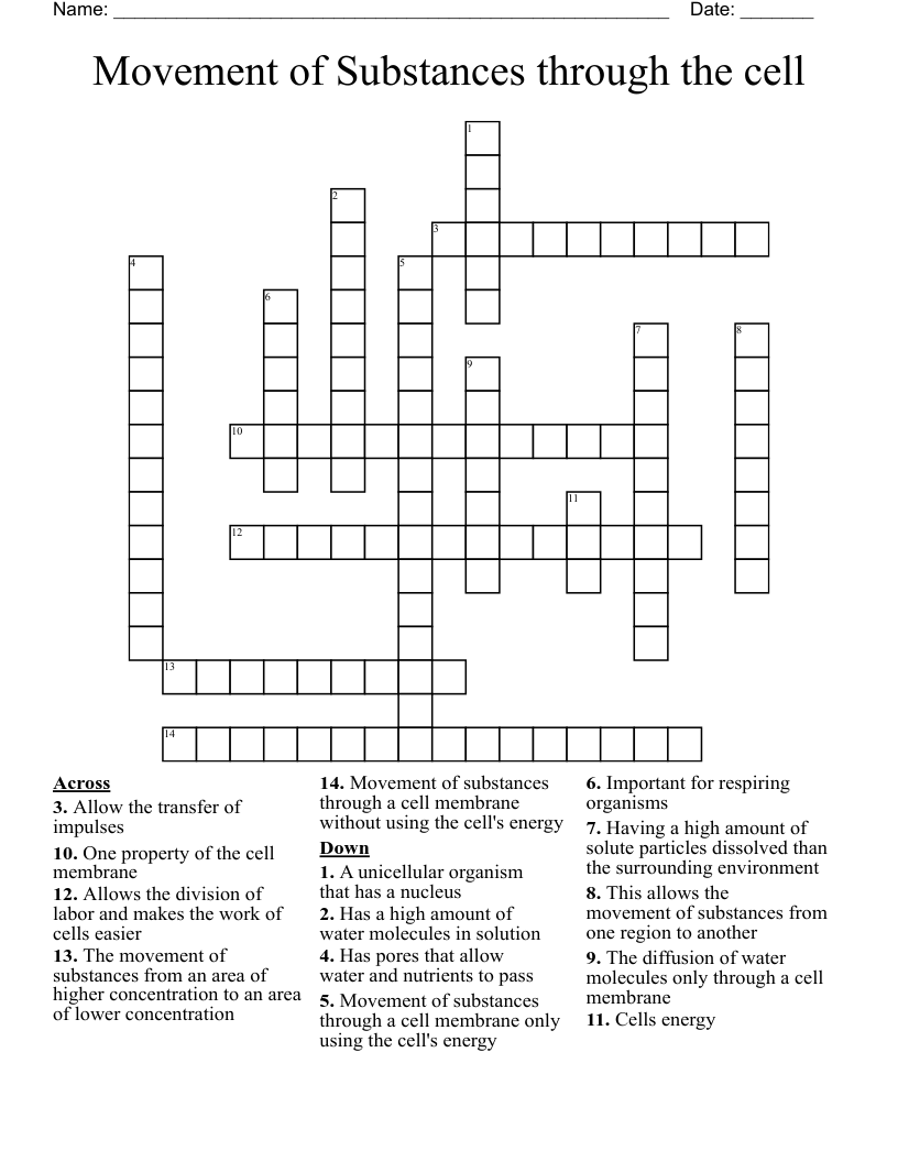 Movement of Substances through the cell Crossword