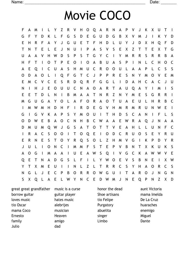 Movie COCO Word Search