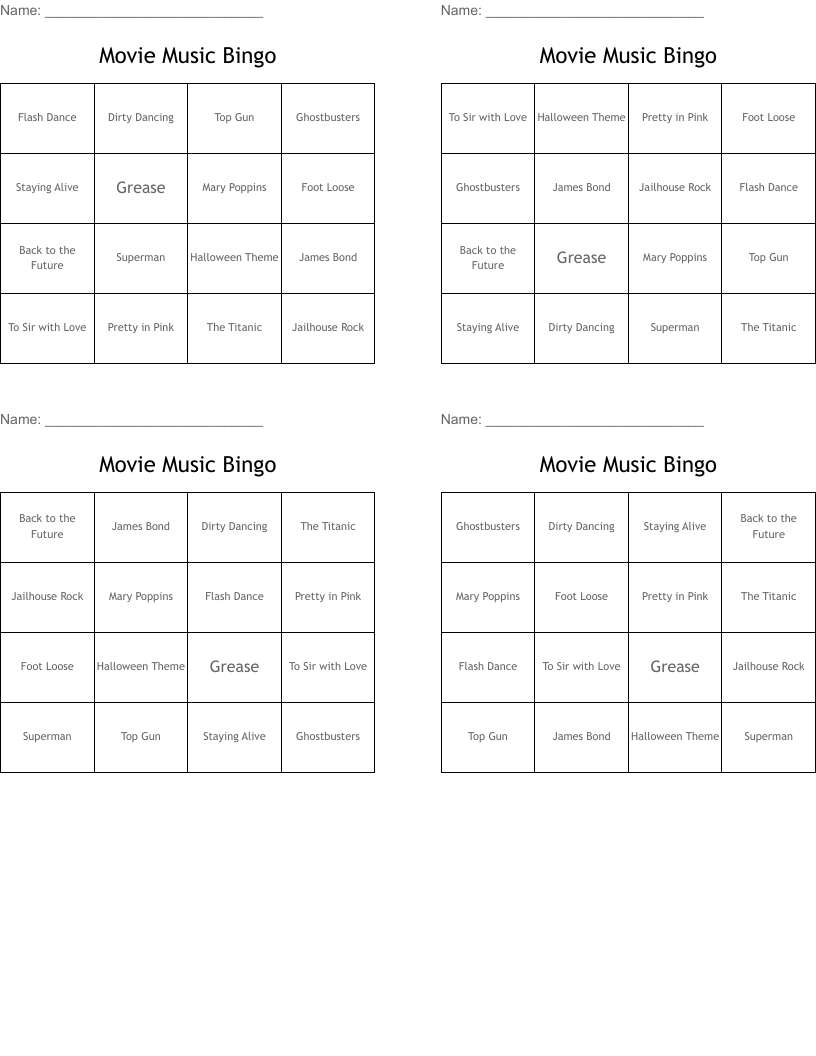 Movie Music Bingo