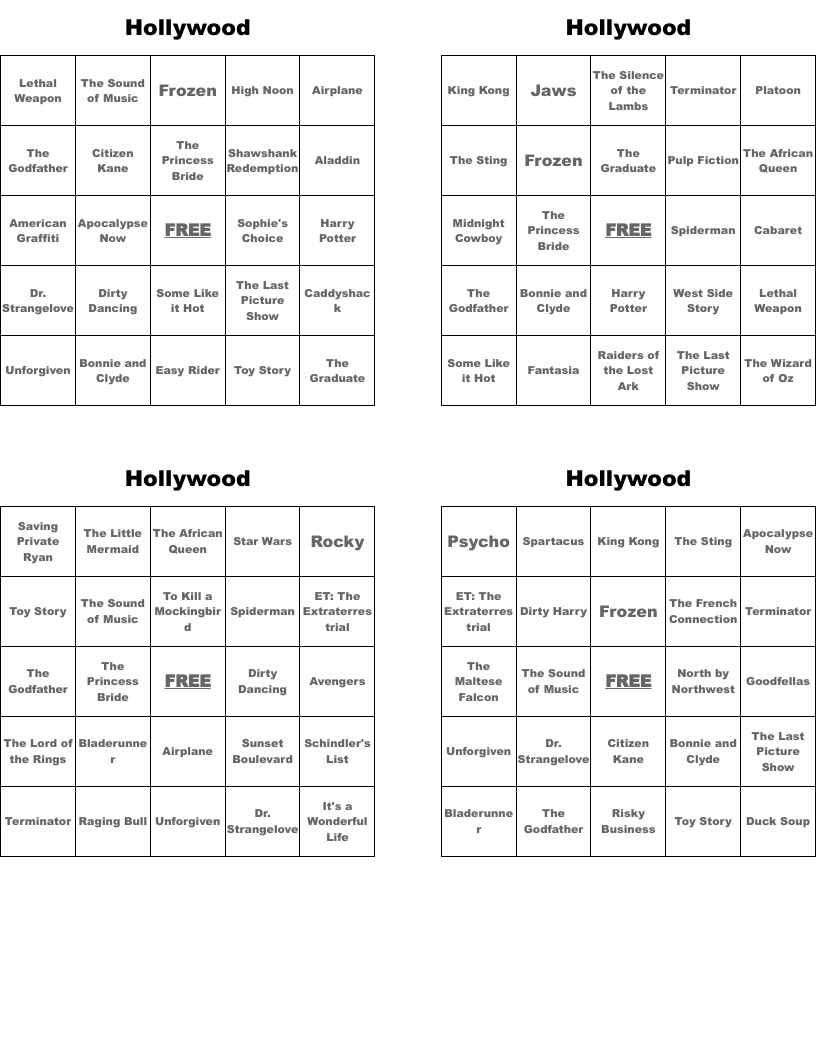 Hollywood Bingo Cards