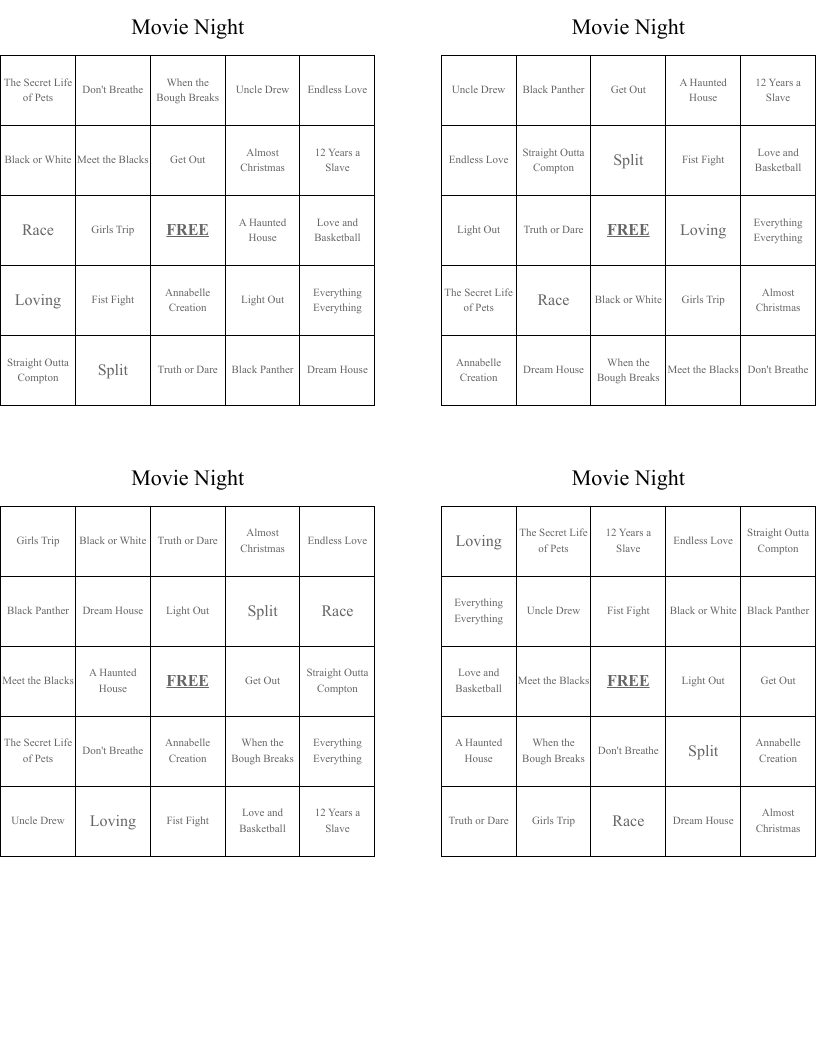 Movie Night Bingo Cards