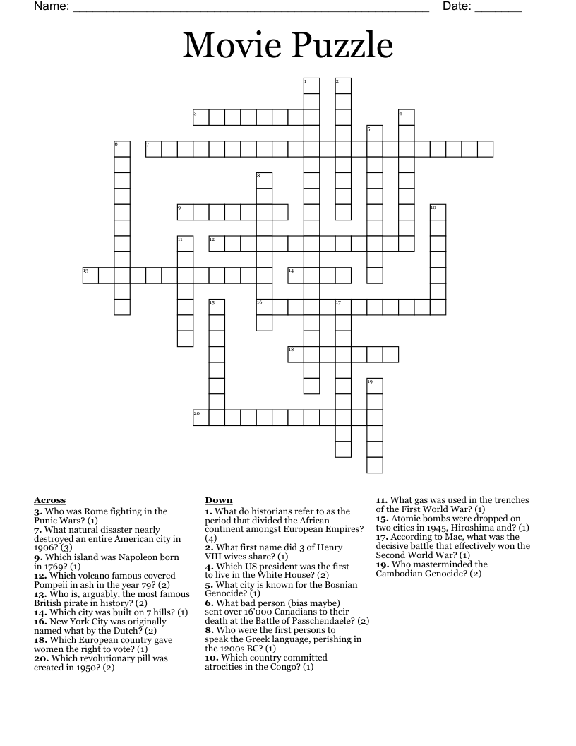Movie Puzzle Crossword