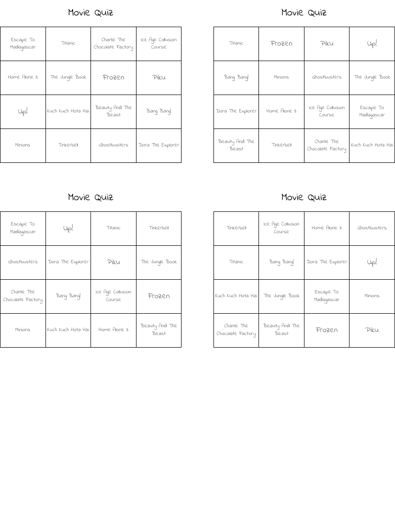 Movie Quiz Bingo Cards
