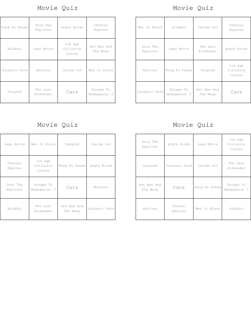 Movie Quiz Bingo Cards