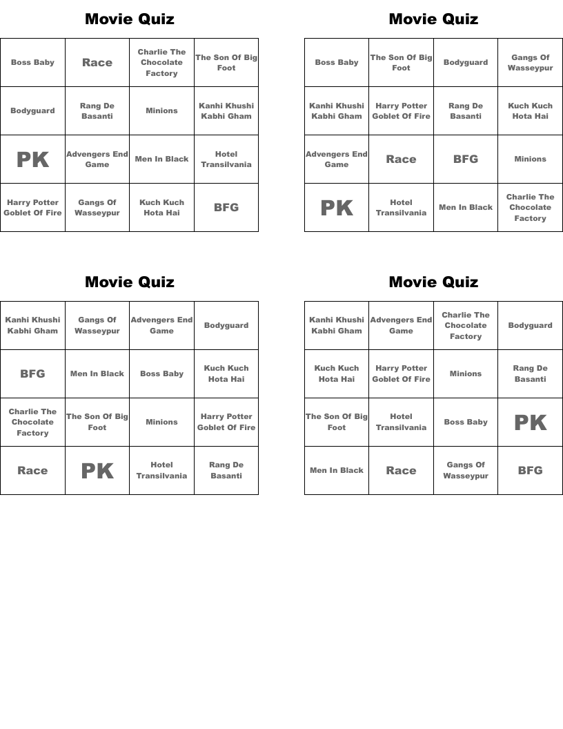 Movie Quiz Bingo Cards